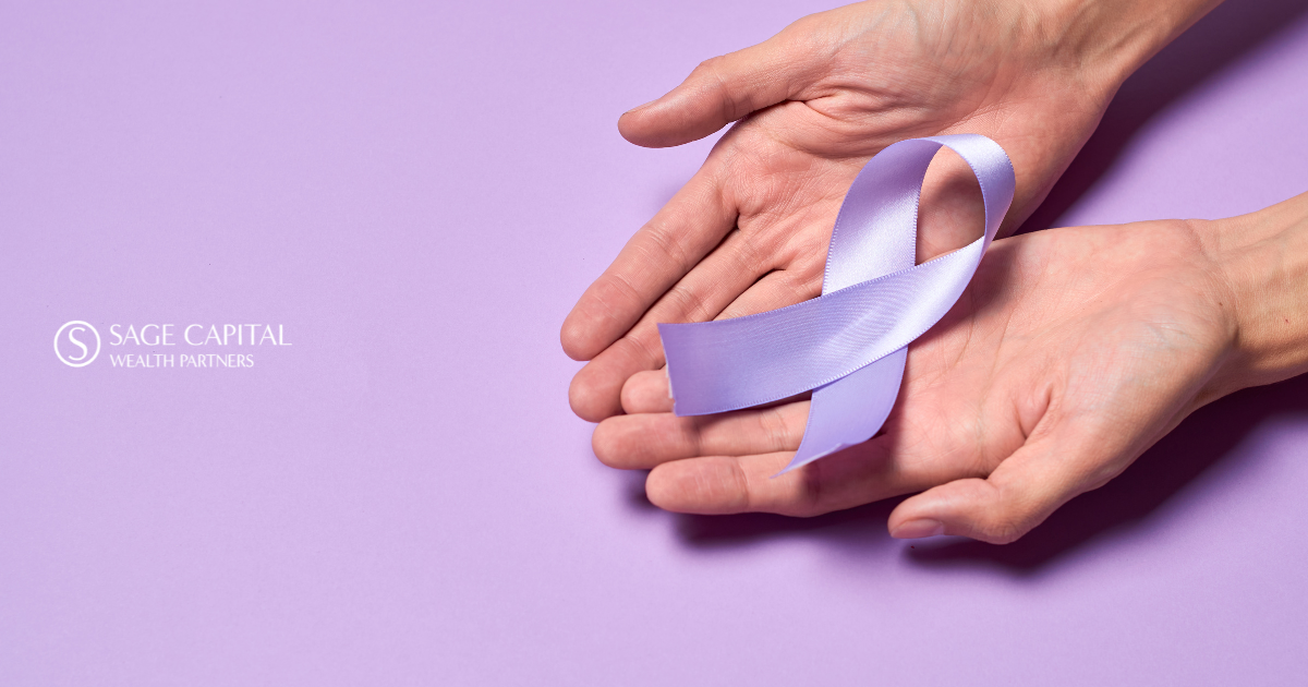 Adult holding purple Alzheimer's awareness ribbon